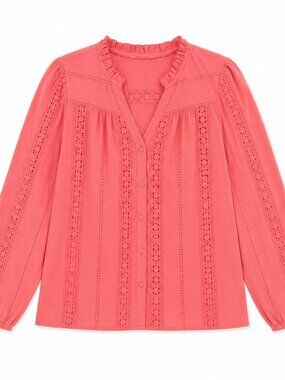 Boho Peasant Top Blouse Women's Coral Pink Size M 100% Cotton Cottagecore